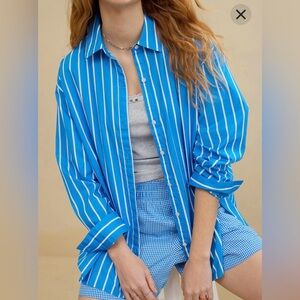 NWT Aerie Good Day Button Down Shirt Large Striped Cotton Poplin Oversized Boxy